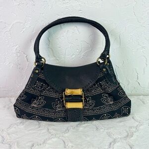 Kate Landry Black Tan Embroidered Canvas Leather Satchel Shoulder Bag Purse